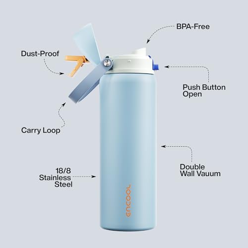 Image of ENCOOL Insulated Water Bottle with Straw Stainless Steel Water Bottle with Push Button Lid, Leak-Proof & BPA-Free, Keeps Cold for 24 Hours for Sports, Travel, Gym (32 oz, Hazy Blue-Blue)