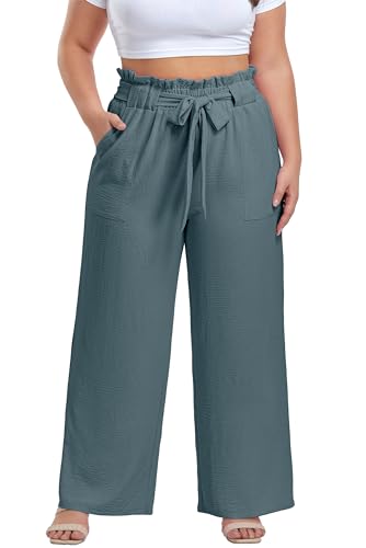 Image of OLRIK Women's Plus Size Pants Adjustable High Waisted Wide Leg Palazzo Pants Casual Trousers with Pockets Spring Clothes