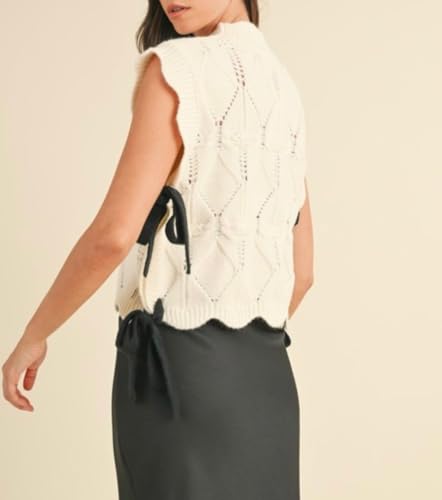 Image of Women Side Tie Sweater Vest Scallop Trim Mock Neck Knit Vest Bow Lace Up Ribbon Sweater Tank Top Knitwear