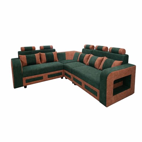 Image of APRODZ Solid Wood 6 Seater Sofa Set Velvet Fabric Sectional L Shaped Sofa for Home Office Guests Living Room Cushioned Seating for Home & Lounge Use (Green & Brown)