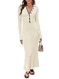 MEROKEETY Women's Long Sleeve V Neck Sweater Dress Button Ribbed Knit Slim Fit Elegant Maxi Dresses, Beige, L