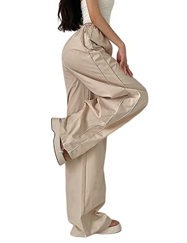 Aedceal Women's Parachute Pants Baggy Track Y2K Black Elastic Waist Wide Leg Trousers(Khaki-M)