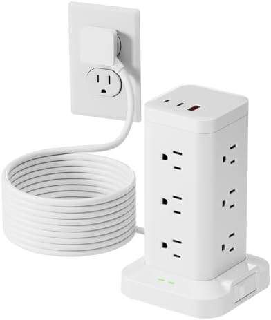 15-in-1 Power Strip Tower with Surge Protector 1800J, Fast Charging Tower PD20W USB-C Ports with 12 AC Outlets, 10ft Extension Cord for Home Office Dorm Room, White