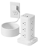 Power Strip Tower with Surge Protector 1800J, Fast Charging Tower PD20W USB-C Ports with 12 AC Outlets, 10ft Extension Cord for Home Office Dorm Room, White