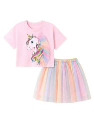 Image of HILEELANG Girls Skirt Set 2 Piece Outfit Cotton Tee Tulle Skirt Set | Soft Cotton Tee, Applique Detail, Layered Tulle Skirt with Lining, Lightweight Comfort for Toddler Little Girls