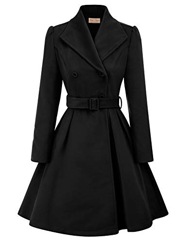 Belle Poque Women’s Lapel Collar Wool Blended Pea Coat for Business Work, Black, Small