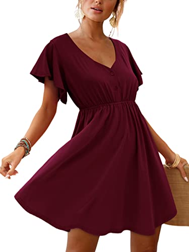 Beluring Women's Summer Dress V Neck Elastic Wasit Short Sun Dresses Burgundy L