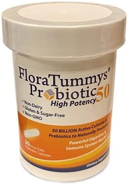 FloraTummys 50 High Potency Adult Probiotic, 50 Billion CFU, Prebiotics, Dairy Free, Gluten Free Probiotic, Non-GMO, Sugar-Free, Made in USA