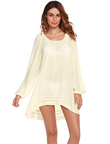 Ekouaer Bathing Suit Cover Up Long Sleeve Beach Dress Bikini Wrap Loose Lightwear Casual Wear Women Round Neck