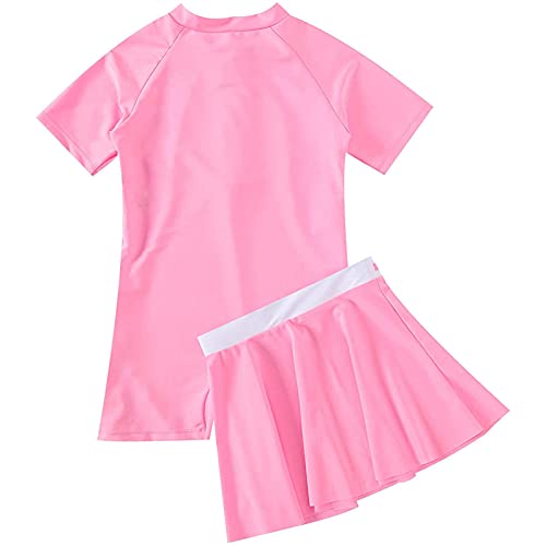 Image of ZUYPSK Kids Girls' Athletic Two-Piece Swimsuits Short Sleeve Rashguard Shirts with Swim Skirts Bathing Suit