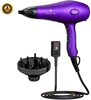 Wazor 3rd Generation Lightweight Low Noise Hair Dryer,( 1875W Tourmaline Ceramic Negative Ionic Blow Dryer?2 Speed 3 Heat Settings Cool Shot with Diffuser Concentrator(Purple)