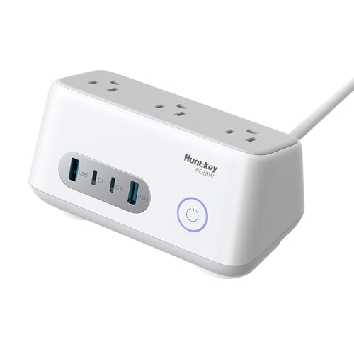 Huntkey 68W USB C Charging Station, 7-in-1 USB C Power Strip for iPhone14/15, 5ft Extension Cord with 3AC,2USB A,2USB C,Max 68W Power Delivery Accessory with Silicone Desktop Fixator (White)