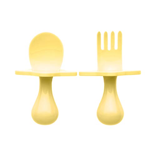 Image of Elli&Nooli Silicone Baby Utensils Set - 2 Count, Yellow - Star-Shaped Choke Guards for Constructive Eating - Spoon & Fork for Self Feeding - Dishwasher Safe Silicone Feeding Set