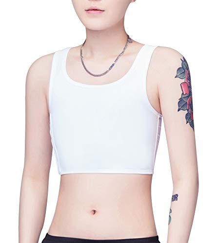 Aivtalk Lesbian Chest Binder Tomboy Tank Tops Flat Hook Short Vest Wire-Free Underwear Breathable (Left Hook-White, Medium)