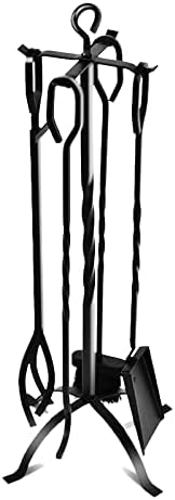 5-Piece Fireplace Tools Set 31’’, Heavy Duty Wrought Iron Fire Place Toolset with Poker, Shovel, Tongs, Brush, Stand for Outdoor Indoor Chimney, Hearth, Stove, Firepit-Easy to Assemble, Black