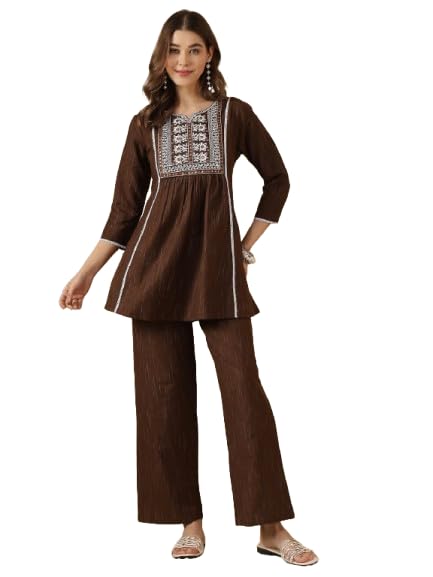 Brown Embroidered A-Line Tunic & Trousers Co-Ord Set – Cotton Blend Handloom Elegant Ethnic Wear-image-37