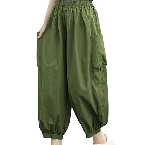 Women's Harem Pants High Waist Loose Casual Trousers Broad Legged Leisure Pants Solid Color Leg Closure Pants (Green, M)