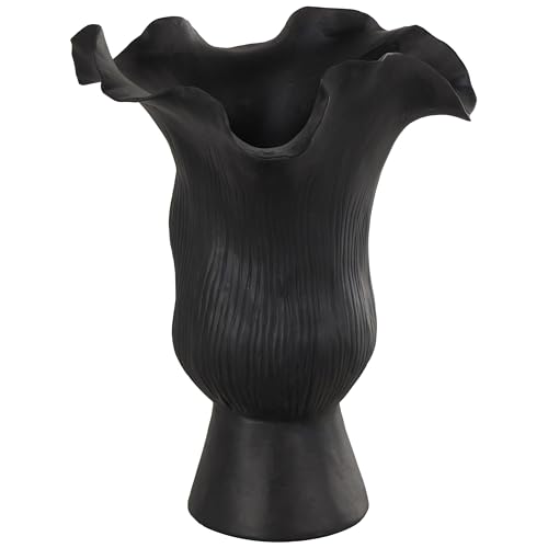 Image of Deco 79 Ceramic Abstract Floral Inspired Vase with Wavy Folded Rim and Linear Grooves, 8 inch x 7 inch x 11 inch, Black