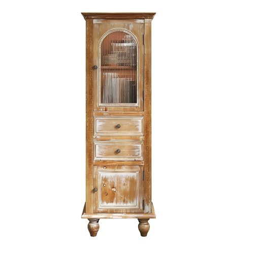 Image of LKTART 60 inch Tall Kitchen Pantry Storage Cabinet;WoodenGlass Display Cabinet | Solid Wood Frame;Farmhouse /French Country Narrow Corner Glass Display Cabinet;Narrow Storage Cabinet;Tall Accent Cabinet