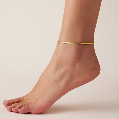 Image of NONAMOIS Ankle Bracelets for Women Dainty 18K Gold Plated Anklet Waterproof Round Beaded Paperclip Herringbone Pearl Chain Anklets Waterproof Beach Foot Jewelry