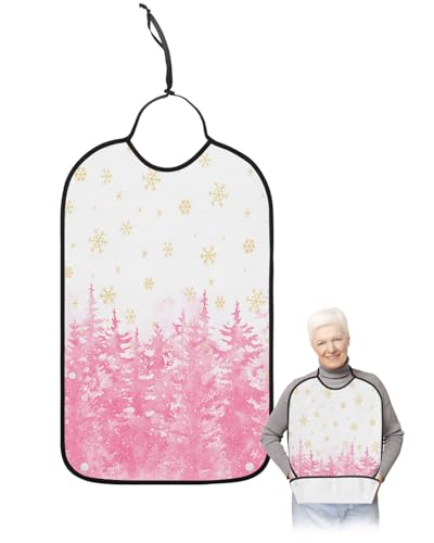 Christmas Adult Bib for Adults Men, Women, Washable & Adjustable Terry Cloth Bib with Crumb Catcher Reusable Waterproof Clothing Clothes Protector Apron Blush Pink Forest Geometric Abstract Tree