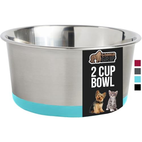 GORILLA GRIP Stainless Steel Metal Dog Bowl, Rubber Base, Heavy Duty Feeding Dish, Food Grade BPA Free, Less Sliding, Quiet Pet Bowl for Cats and Dogs, Holds 2 Cups (16 fl oz), Turquoise