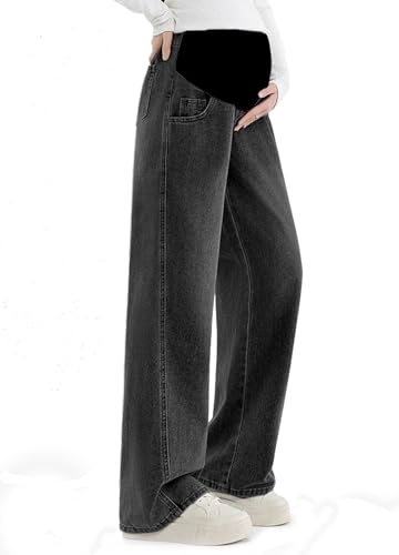 Alled Vaqueros Maternidad sobre el Vientre, Mujeres Premamá Pierna Ancha Pantalones de Cintura Ajustables Elásticos, Jeans de Maternidad Sueltos con Bolsillos