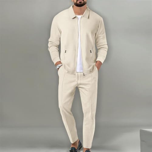 Men 2 Piece Casual Waffle Jacket Sweatsuits Men's Jogging Tracksuit Set Outfit Pullover Suit Set2