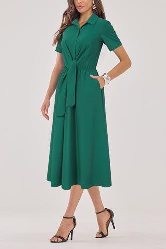 Image of Newshows Women's Work Business Casual Outfits Tie Waist Midi Shirt Dress | Lightweight & Breathable Easy-care Fabric, Side Pockets, Decent Professional Attire, Church Office Funeral Outfits