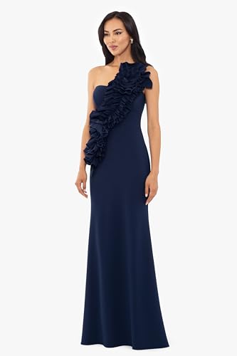 Image of Betsy & Adam Women's One Shoulder Ruffle 3D Flower Formal Long Dress, Navy, 8