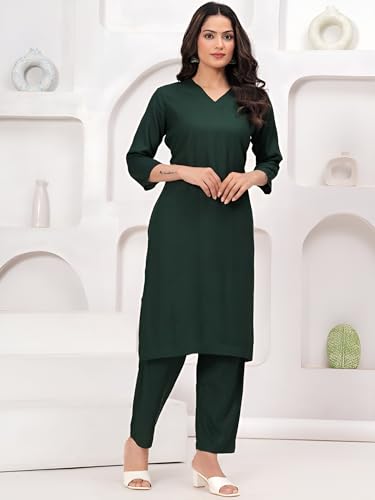 Image of ANILINE Women's Rayon Solid plain v neck kurta Trouser /Pant set