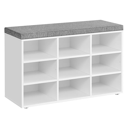 VASAGLE Banc à Chaussures, Organiseur de Chaussures avec 9 Compartiments, Siège Rembourré, pour Entrée, Couloir, Placard, Blanc Nuage et Gris Tourterelle...