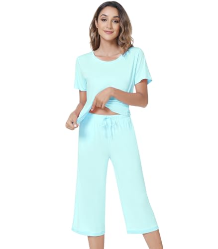 Image of NACHILA Pajamas for Women-Viscose Made from Bamboo,Satin Crew Neck Pajama Sets Short Sleeve Pjs with Capri Pants