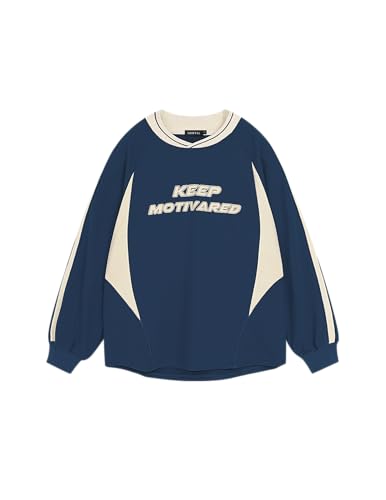 Vamtac Letter Graphic Crewneck Sweatshirts for Men Vintage Color Blocking Long Sleeve Casual Pullover Top