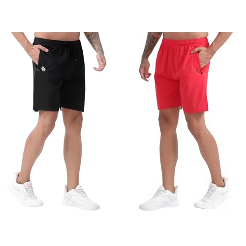 Image of BLUE STAR SHARK Athletic Sports Shorts for Men with Zip Pockets and Elastic Waistband Quick Dry Lightweight Activewear Combo - Pack of 2 (Color: Black and Red, Size:XL)