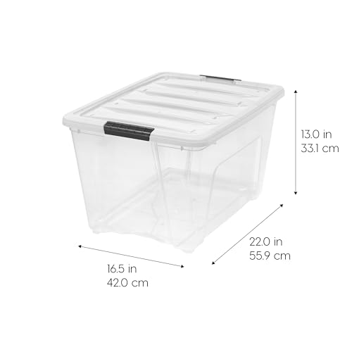 Image of IRIS USA 6-Pack 54 Quart Stackable Storage Bins with Lids [Made in USA] - Everyday Organizer Latching Clear Plastic Organization Containers Closet Bedroom Shelving Units Home Storage - Clear /White