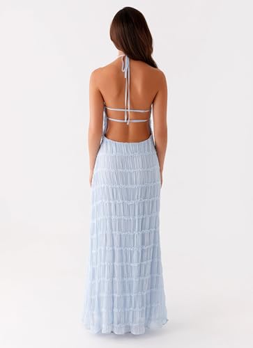 Image of Argeousgor Women Halter Neck Backless Summer Dresses 2025 Sleeveless Tiered Ruffle A-Line Flowy Cocktail Party Maxi Dress