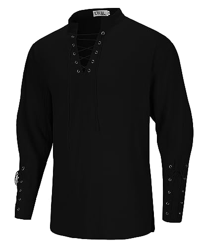 LVCBL Mens Shirts Fashion Linen Henley Shirt Medieval Steampunk Shirt Gothic Victorian Black 3XL steampunk buy now online LVCBL Mens Shirts Fashion Linen Henley Shirt Medieval Steampunk Shirt Gothic Victorian Black 3XL steampunk buy now online