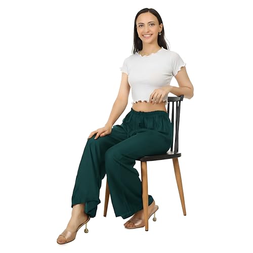 Image of Women's Rayon Palazzo Pants | Solid Color Wide Leg Trousers in 18 Shades | Elastic Waist Casual Bottoms XS-7XL | Comfortable