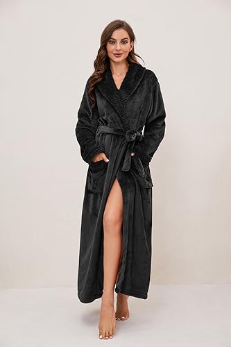 HEARTNICE Langer Bademantel Damen Fleece, Weiche Plüsch Morgenmantel für Frauen Warme Bademäntel Kuscheliger Hausmantel in voller Länge (Schwarz, L/XL)