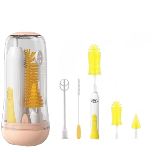 Image of Travel Electric Baby Bottle Brush Set with Electric Bottle Cleaner and Water Bottle Brush and Nipple/Straw Brush,Milk Frother and Drying Rack(Yellow)