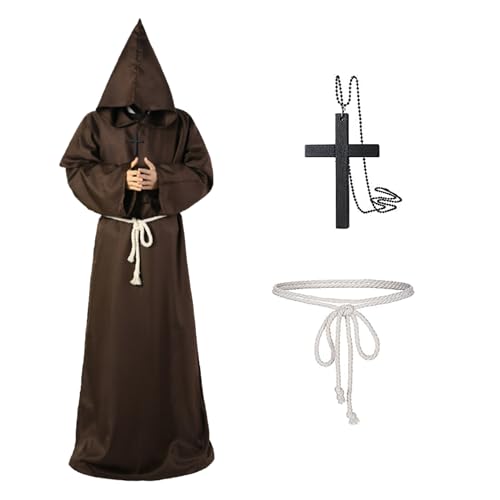 Disfarce de homem com capuz e cruz, disfarce de Halloween homem, disfarce padre homens, homens cosplay túnica capuz túnica disfarce monge para Halloween, medieval, renascimento (castanho, L)