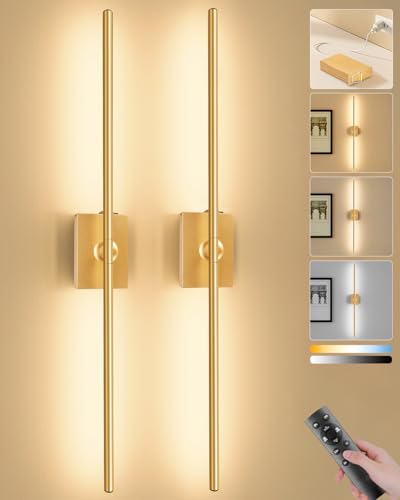 Image of Ouyulong Battery Operated Wall Sconces Set of 2, 10000mAh Wireless Rechargeable 3000-6000K Dimmable 350 Rotate Wall Light with Remote for Living Room, Bedroom 31.6in Gold
