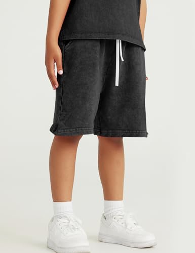 Flygo 2 Pack Boys Girls Cotton Shorts Acid Washed Active Pull On Jogger Shorts Kids Casual Athletic Loose Fit 5-14Y4