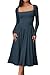 CHYRII Womens Spring Fashion 2025 Square Neck Long Sleeve Casual A-Line Midi Dress Blue L