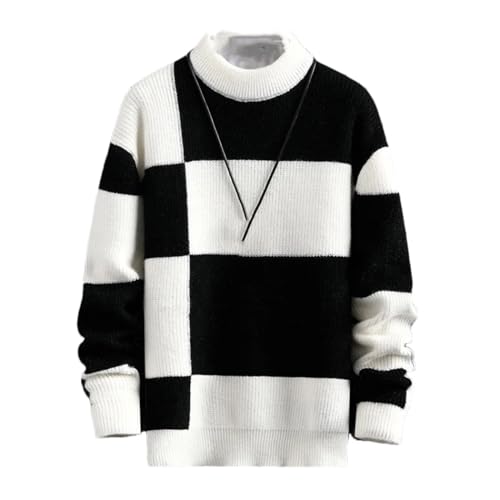 Men's Patchwork Knit Sweater Plaid Round Neck Pullover Unisex Casual Warm Autumn Winter Knitwear