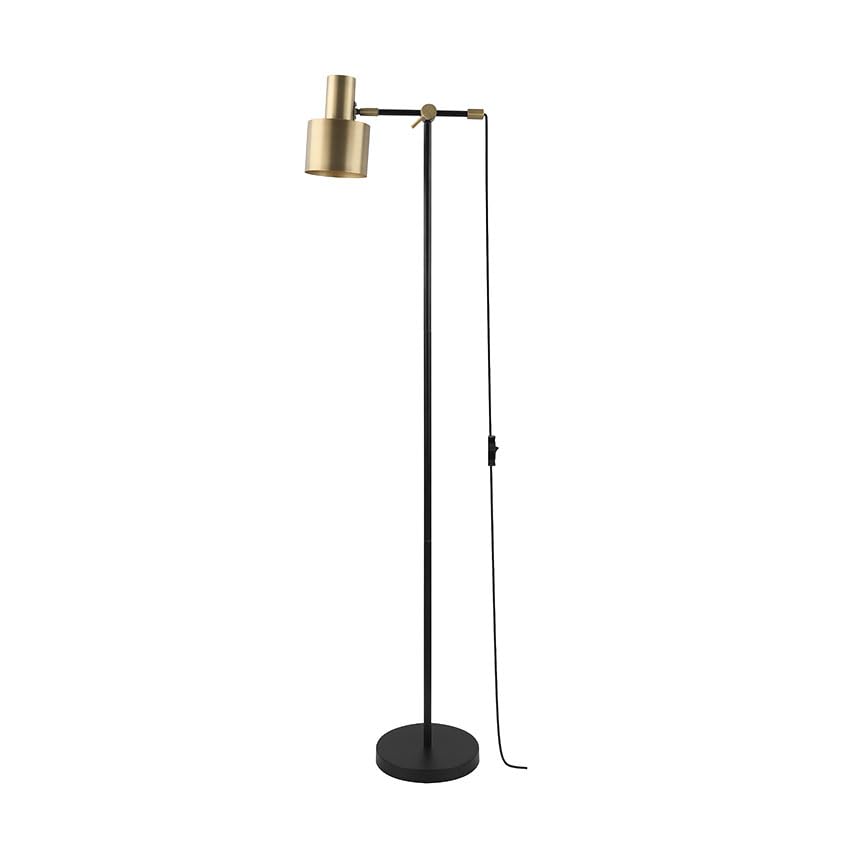 Lámpara de pie dorada con casquillo E27, diseño moderno, ideal para decorar y brindar luz en salones y espacios de trabajo.