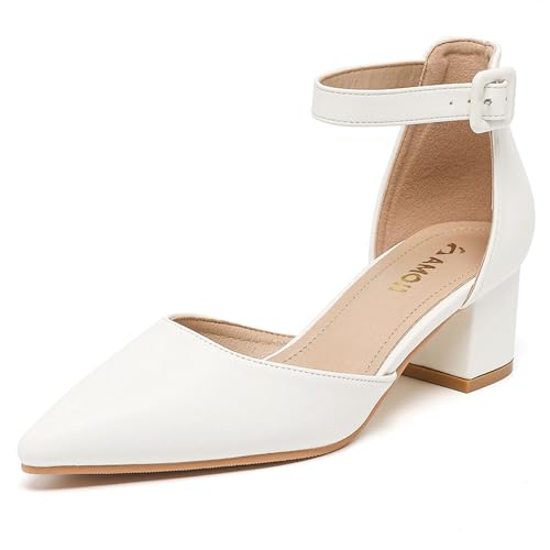 Amoji Women's 2 inch Pumps Pointed Toe Block Heels Dress Shoes with Ankle Strap 412