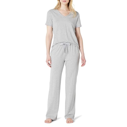 Amazon Essentials Women's Short Sleeve Soft Cotton Blend T-Shirt and Pant Sleepwear Set, Medium Grey Heather, Small