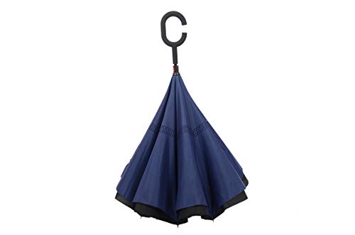 ZOMTOP Standing for Double Layer Inverted Umbrella,Creative Double Layer Straight Waterproof,Windproof,Easy Carrying, Golf Size Umbrella, Travel Umbrella with Hook Handle for Car (Navy)